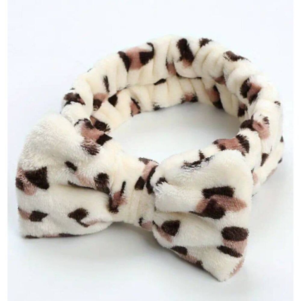 Ladies Plush Light Tan Leopard Headband for Washing Face and Make-Up